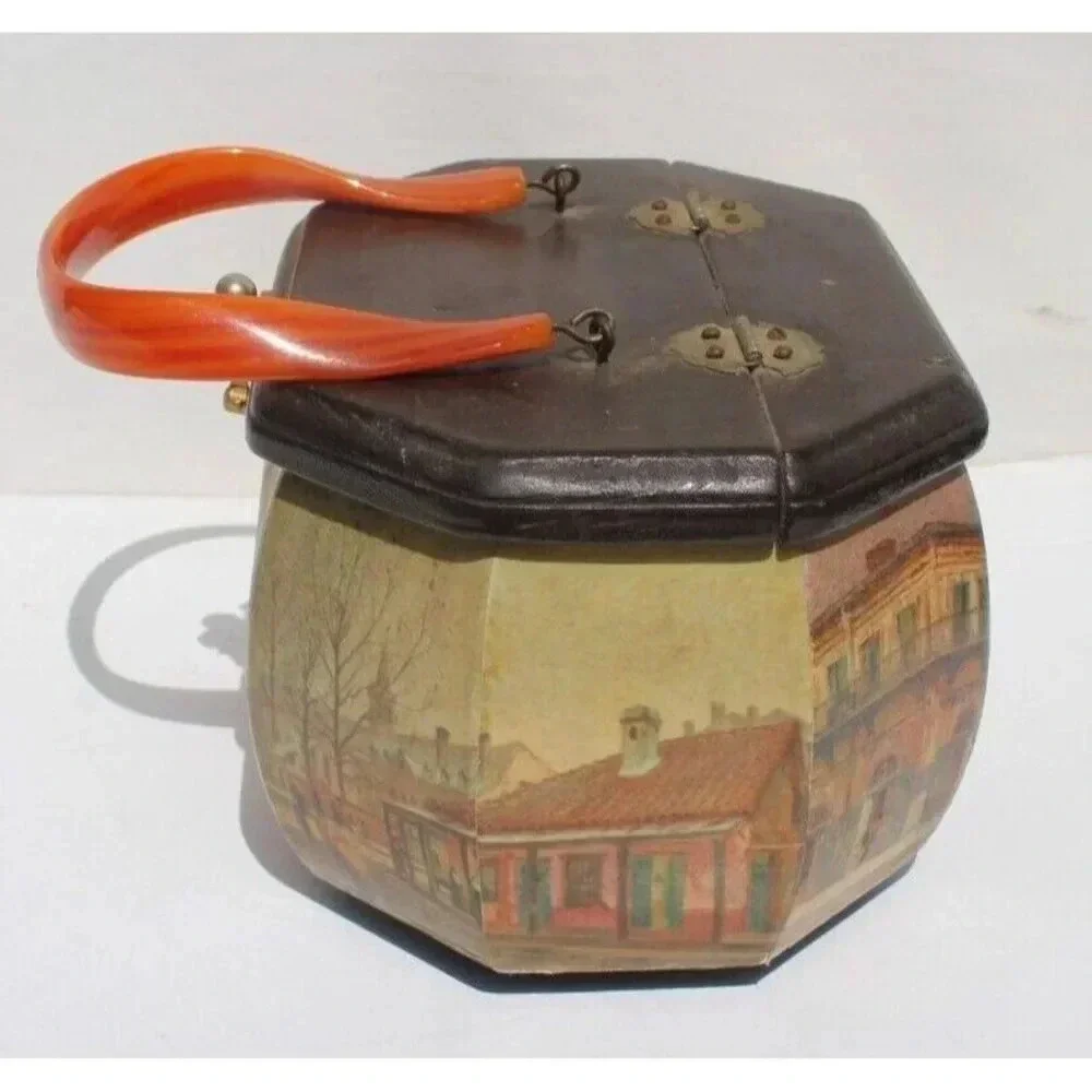 Vintage 1970s Victorian Cottage Octagon Wood Box Purse W/ Handles